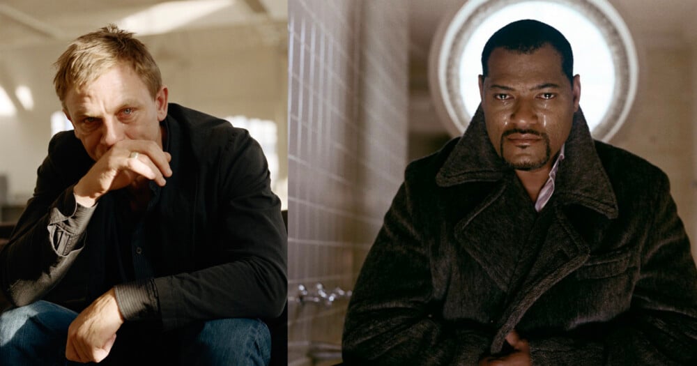 A split-screen portrait featuring Daniel Craig on the left and Laurence Fishburne on the right.