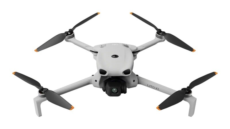 A light gray quadcopter drone with black propellers and orange tips, featuring a front-facing camera gimbal and the text "LITO X1" printed on its arm.