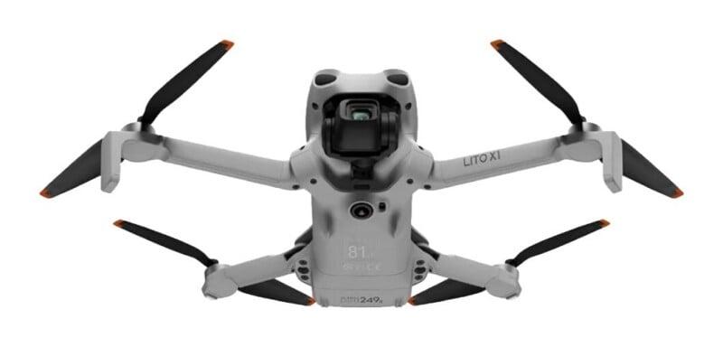 A light gray drone with four propellers and a front-facing camera, labeled "LITO XI" and "249g" on its body.