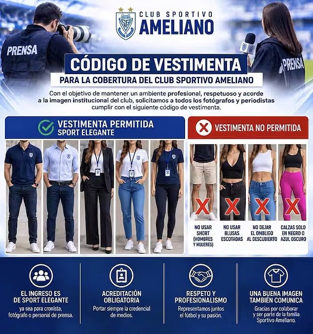 An infographic from Club Sportivo Ameliano outlining a dress code for media personnel, displaying examples of permitted and prohibited clothing.