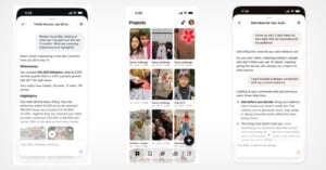 Three smartphone screens display a creative project management app interface with analytics, a project gallery, and an AI chat.