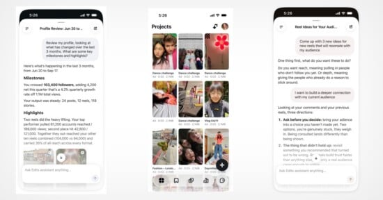 Three smartphone screens display a creative project management app interface with analytics, a project gallery, and an AI chat.
