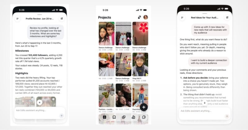 Three smartphone screens display a creative project management app interface with analytics, a project gallery, and an AI chat.
