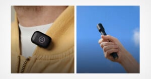 A split-screen image showing a small black microphone clipped to a yellow jacket collar on the left, and a hand holding a black cylindrical device against a blue sky on the right.