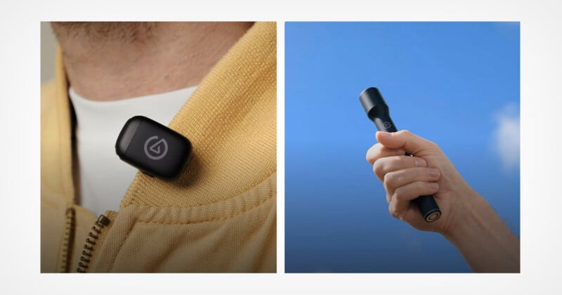 A split-screen image showing a small black microphone clipped to a yellow jacket collar on the left, and a hand holding a black cylindrical device against a blue sky on the right.
