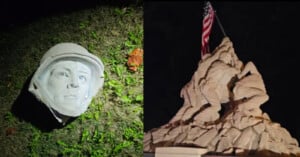 A split image showing a detached stone soldier's head lying on grass on the left, and a stone sculpture of soldiers raising an American flag on the right.