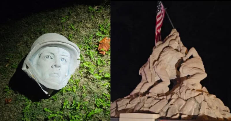 A split image showing a detached stone soldier's head lying on grass on the left, and a stone sculpture of soldiers raising an American flag on the right.