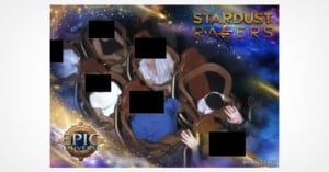 A group of people ride a roller coaster with a digital overlay featuring the text "Stardust Racers" and "Universal Epic Universe.