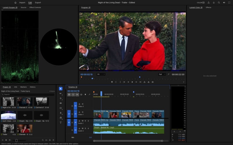 A screenshot of the Adobe Premiere Pro video editing interface showing a timeline with clips from the film Charade and a preview window displaying Cary Grant and Audrey Hepburn.