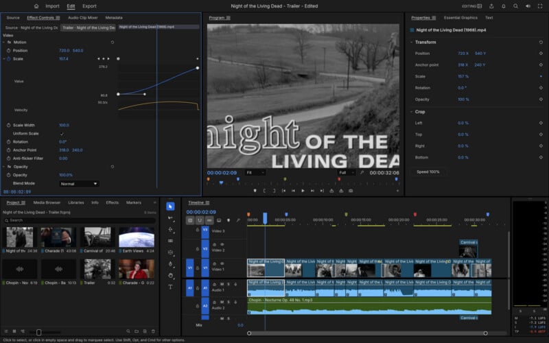 A screenshot of the Adobe Premiere Pro video editing interface showing a timeline with multiple clips, a program monitor displaying a black-and-white film title, and various effect control panels.