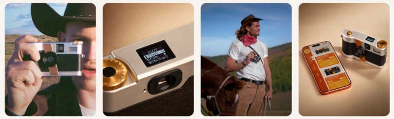 A four-panel collage showing a person holding a vintage-style digital camera, a close-up of the camera's digital display, a person with a horse wearing the camera, and the camera next to a smartphone displaying a mobile app.