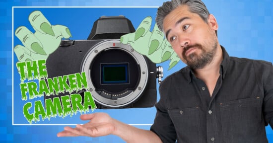 A man with graying hair and a beard gestures toward a camera body flanked by cartoon monster hands, with the text "THE FRANKEN CAMERA" in green slime-style lettering.