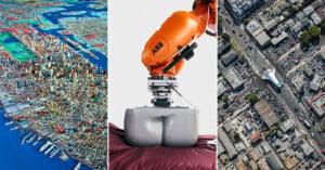 A triptych showing a colorful 3D-rendered city map, an orange ABB robotic arm pressing into a gray form, and an aerial view of a space shuttle being transported through a city street.