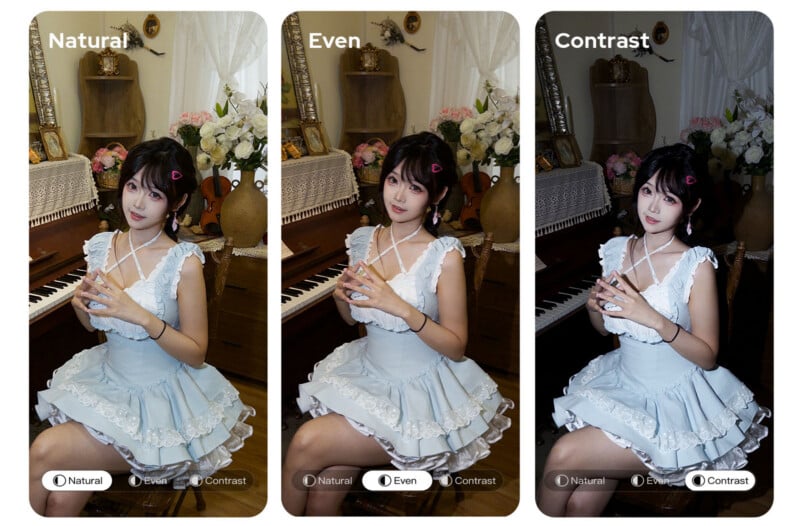 Three side-by-side versions of the same portrait of a woman in a light blue dress, labeled Natural, Even, and Contrast, showing different lighting adjustments.