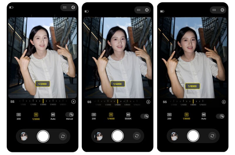 Three side-by-side smartphone camera interface screens showing a woman posing, with shutter speeds set to 1/2000, 1/4000, and 1/8000.