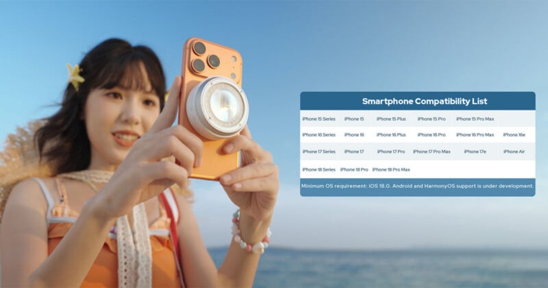 A woman holds an orange smartphone with a circular light attachment, next to a table listing compatible iPhone models and a minimum iOS 18.0 requirement.