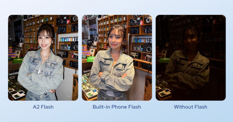Three side-by-side portraits of a woman in a denim jacket, comparing lighting effects labeled A2 Flash, Built-in Phone Flash, and Without Flash.