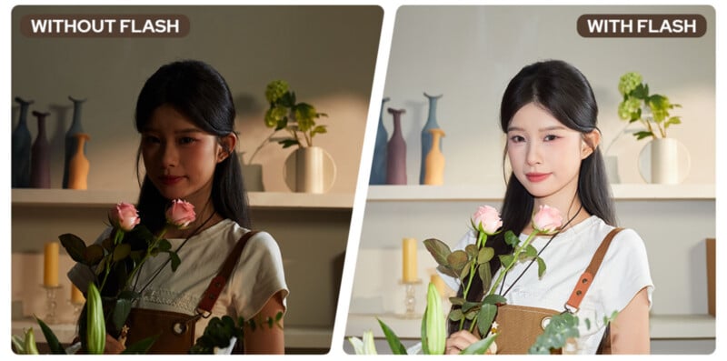 A split-screen comparison shows a woman holding roses in a dimly lit room without flash on the left and with flash on the right, revealing her face clearly.