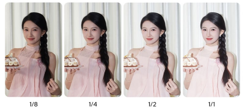 Four identical portraits of a woman holding a small cake are arranged side-by-side, labeled 1/8, 1/4, 1/2, and 1/1 to show increasing brightness levels.