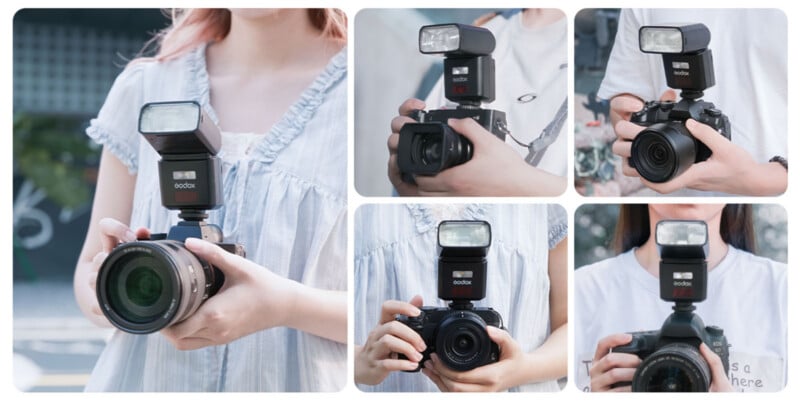 A collage showing five different people holding cameras equipped with Godox external flashes.