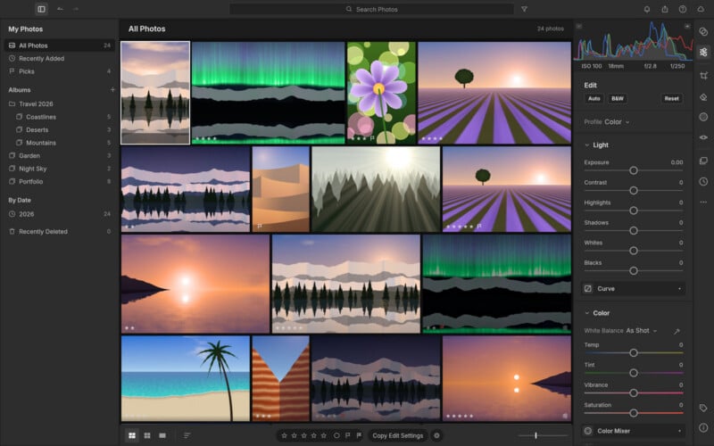 A photo editing software interface displaying a grid of landscape and nature images with a sidebar of editing tools and photo library organization.
