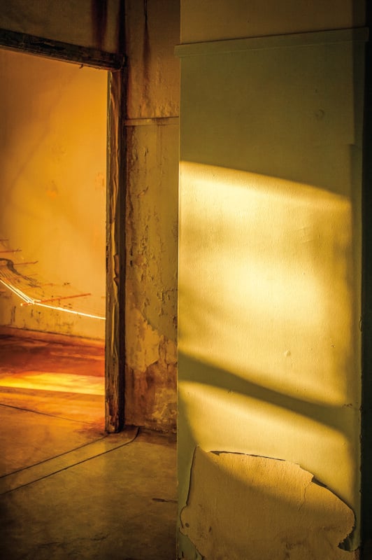 Golden sunlight casts long, horizontal shadows across a textured, peeling wall next to an open doorway leading into a dimly lit room.