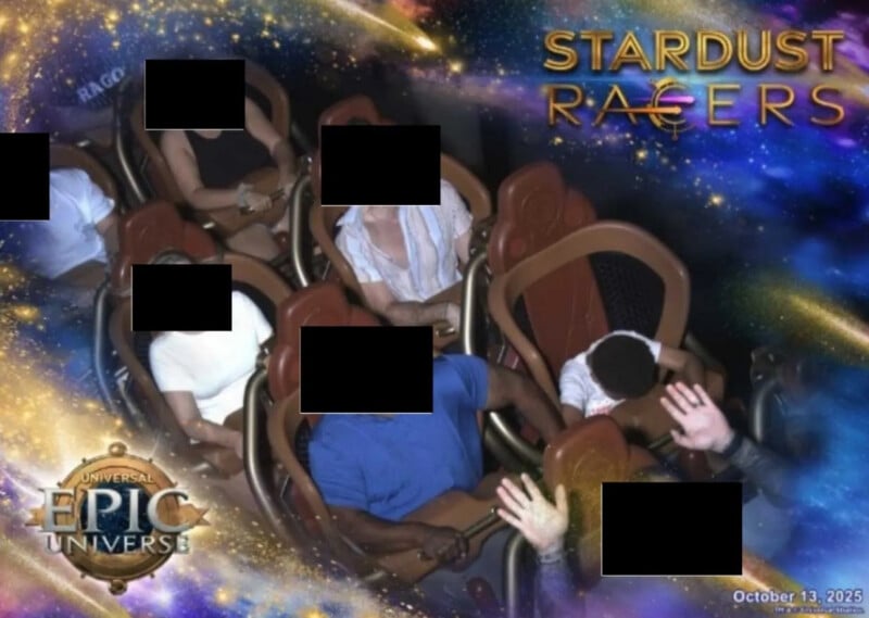 A group of people ride a roller coaster with the text "Stardust Racers" and "Universal Epic Universe" visible in the frame.