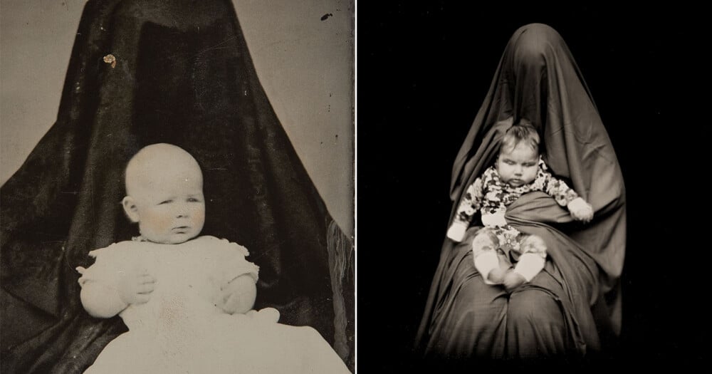 Two vintage photographs side-by-side, each showing a baby held by a person completely obscured by a dark, draped cloth.