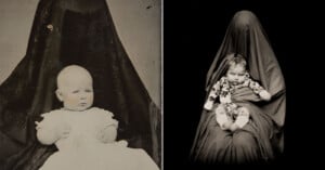 Two vintage photographs side-by-side, each showing a baby held by a person completely obscured by a dark, draped cloth.