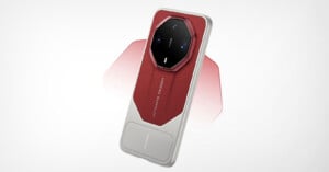 A red and silver smartphone with a prominent octagonal camera module on the back, featuring the text "ULTIMATE DESIGN" and "HUAWEI" printed on the rear panel.