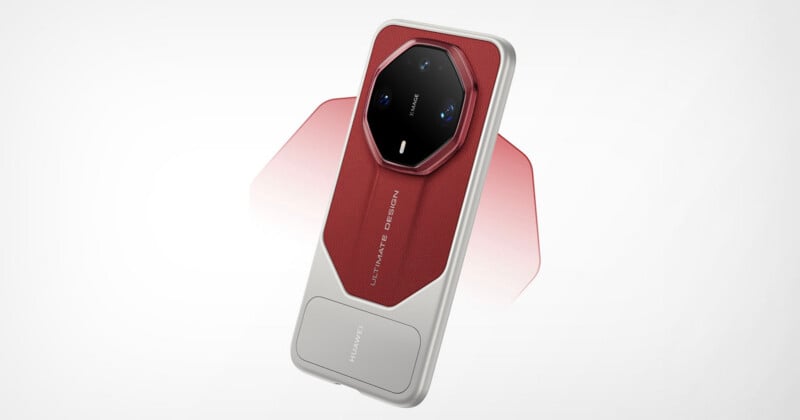 A red and silver smartphone with a prominent octagonal camera module on the back, featuring the text "ULTIMATE DESIGN" and "HUAWEI" printed on the rear panel.