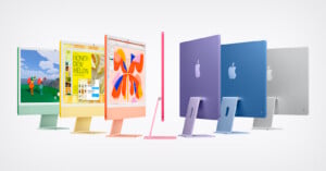 A row of seven colorful Apple iMac computers displayed from front, side, and back angles against a white background.
