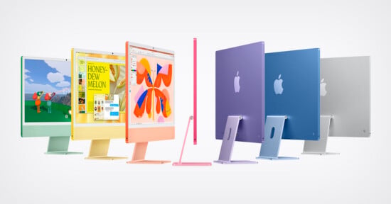 A row of seven colorful Apple iMac computers displayed from front, side, and back angles against a white background.