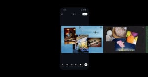 A mobile phone screen displays a collage-making app interface with a horizontal carousel of photo layouts against a dark background.
