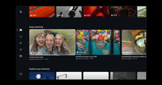 A video streaming interface showing a "Keep watching" section with three video thumbnails, including a group selfie, a gumball machine, and a reflective sphere, alongside a sidebar navigation menu.