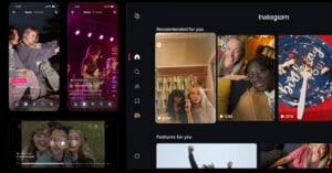 A collage showing Instagram's mobile and desktop interfaces, featuring various video feeds, user profiles, and navigation menus.