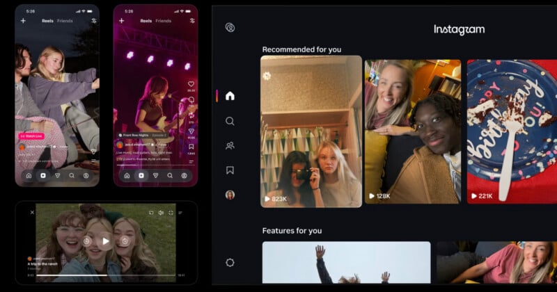 A collage showing Instagram's mobile and desktop interfaces, featuring various video feeds, user profiles, and navigation menus.