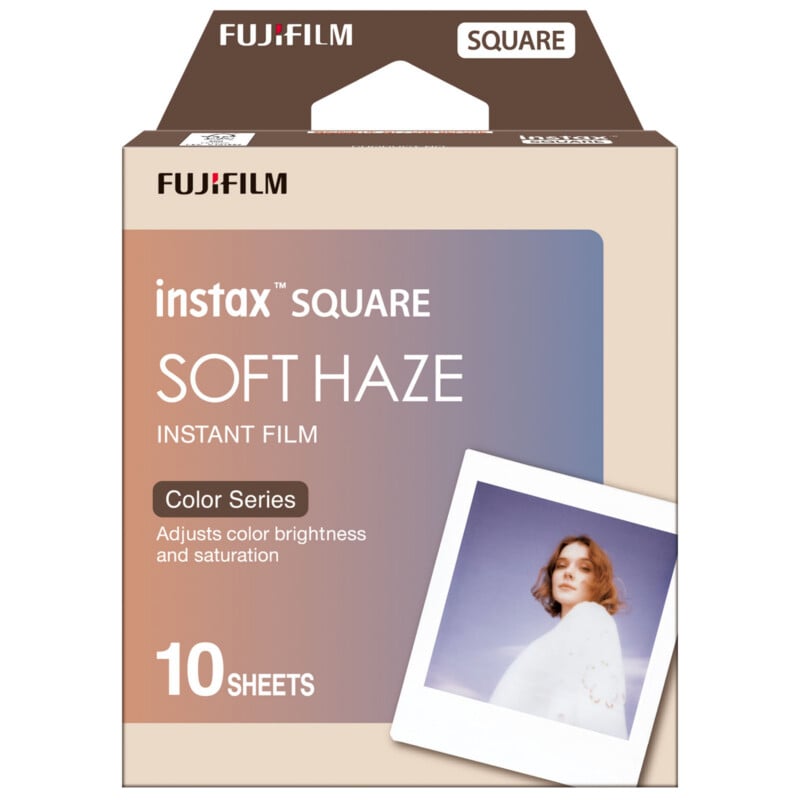 A box of Fujifilm Instax Square Soft Haze instant film containing 10 sheets, featuring a sample photo of a person on the front.