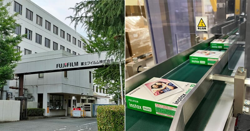 A split-screen view showing the exterior of a Fujifilm building on the left and a conveyor belt carrying boxes of Instax mini film on the right.