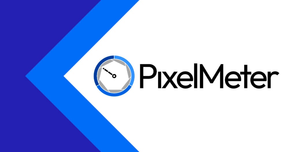 A logo featuring a blue and white camera shutter icon next to the text "PixelMeter" on a white background with a blue chevron pattern on the left.