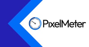 A logo featuring a blue and white camera shutter icon next to the text "PixelMeter" on a white background with a blue chevron pattern on the left.