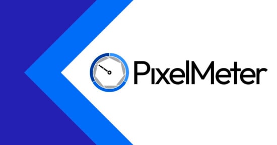 A logo featuring a blue and white camera shutter icon next to the text "PixelMeter" on a white background with a blue chevron pattern on the left.
