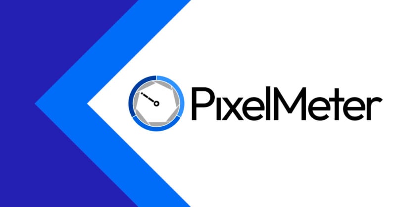 A logo featuring a blue and white camera shutter icon next to the text "PixelMeter" on a white background with a blue chevron pattern on the left.