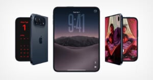 Three views of a foldable smartphone concept: a closed device showing a calendar, an open device with a lock screen, and a partially folded device displaying a photo.