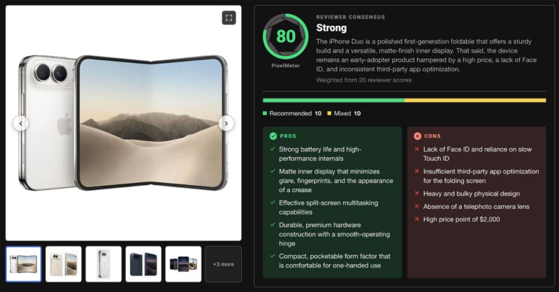 A product review page for a foldable smartphone shows a score of 80, a list of pros and cons, and a gallery of the device.