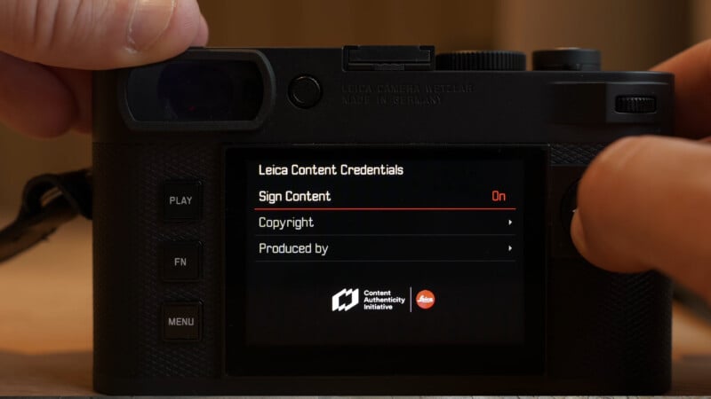 A close-up view of a digital camera screen displaying the Leica Content Credentials menu, with the Sign Content option set to On.