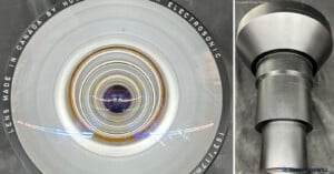 A close-up view of a projector lens labeled "Electrosonic" and "Made in Canada," alongside a side view of the black cylindrical lens barrel.