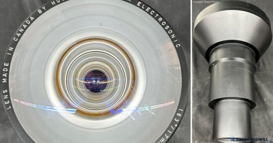 A close-up view of a projector lens labeled "Electrosonic" and "Made in Canada," alongside a side view of the black cylindrical lens barrel.