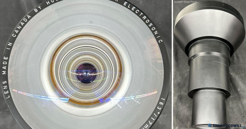 A close-up view of a projector lens labeled "Electrosonic" and "Made in Canada," alongside a side view of the black cylindrical lens barrel.