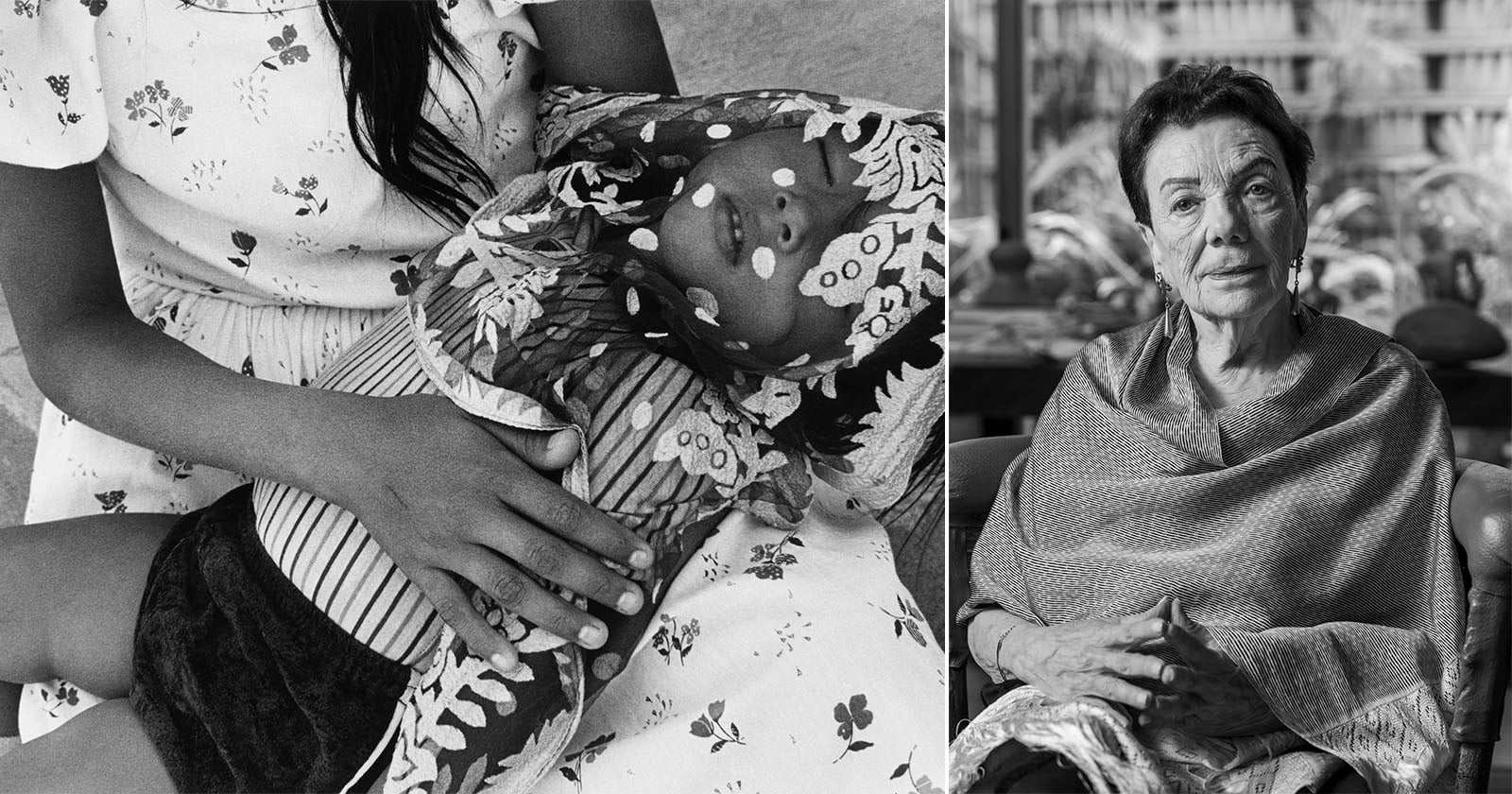 A split-screen image showing a person holding a child with white spots on their face on the left, and an older woman sitting with her hands clasped on the right.